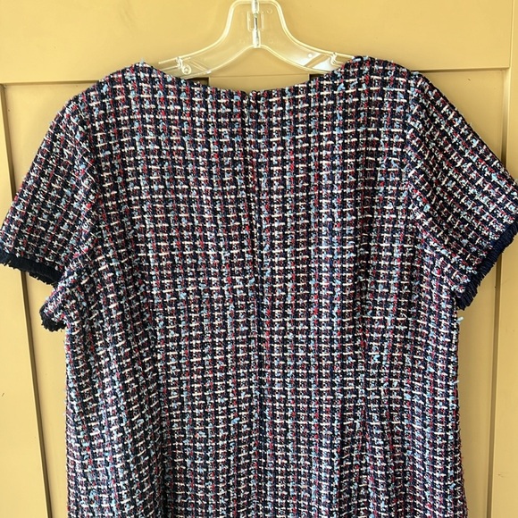 Talbots 14W Petite Sheath Tweed Dress Navy Red Frayed Hem Front Pockets MCM - Picture 8 of 10